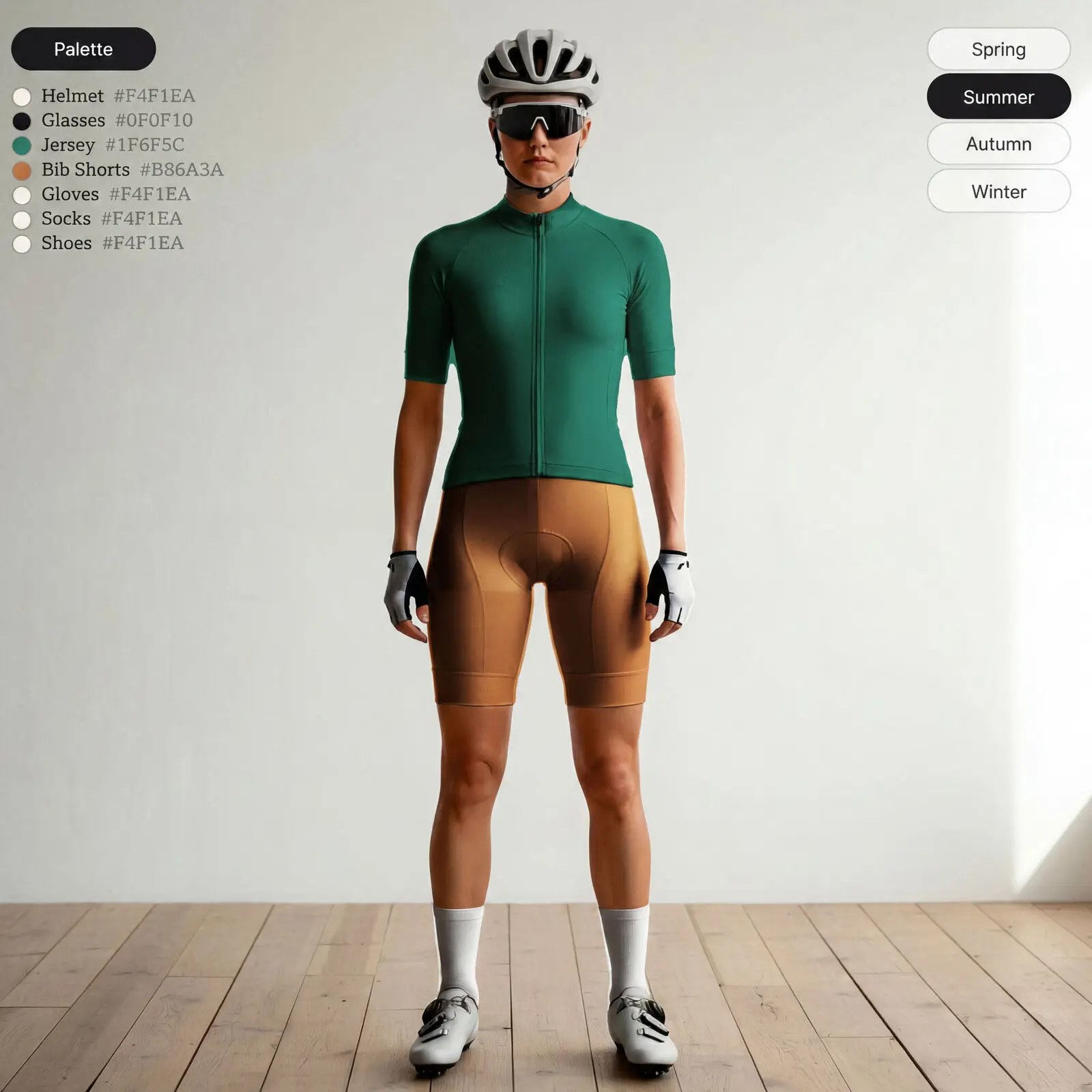 Woman cyclist wearing a forest green jersey with caramel bib shorts
